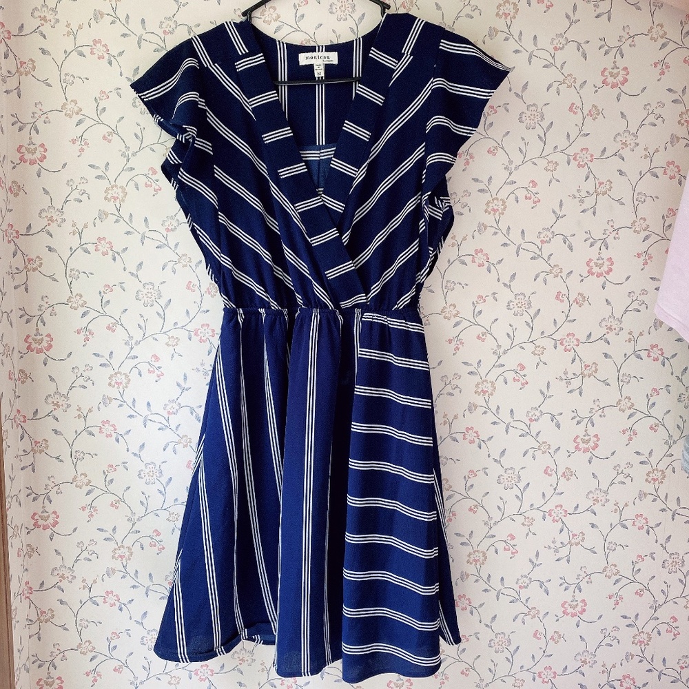 Monteau Navy Strip Ruffle Mini Dress Size M(NWOT)
